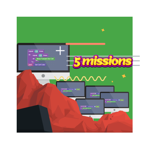 Think of adventures as lessons. Each adventure contains a tutorial, a tutorial quiz, five missions that focus on a coding concept that will increase in difficulty, and a quiz at the end that measures the student’s understanding of the coding concept before moving on to the next one.